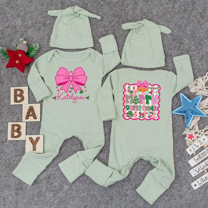 Personalized Christmas Baby Girl Romper with Pink Bow & Hat, Custom Name Holiday Outfit Neutral Xmas Gift Cute Bodysuit, Festive First Christmas (138)