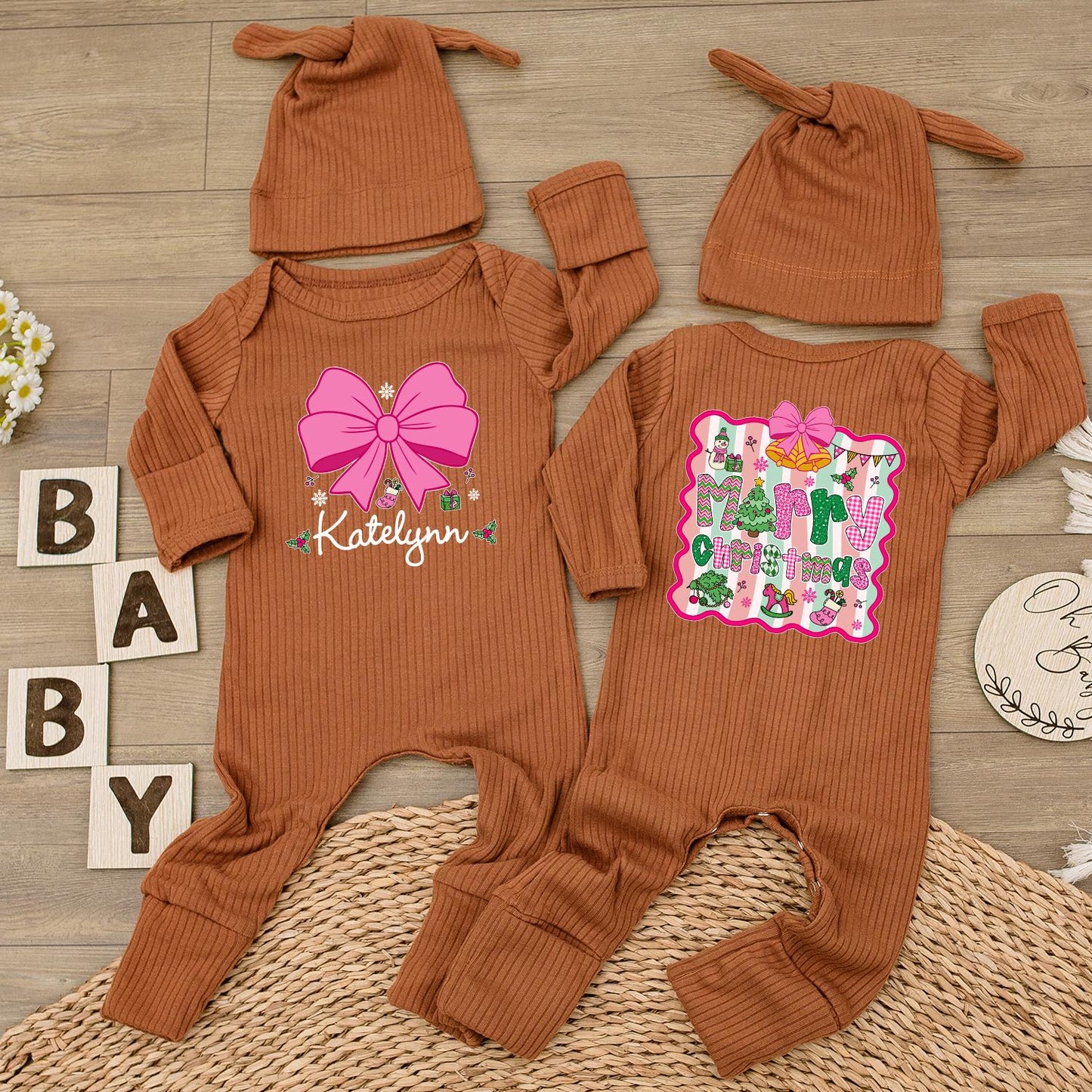 Personalized Christmas Baby Girl Romper with Pink Bow & Hat, Custom Name Holiday Outfit Neutral Xmas Gift Cute Bodysuit, Festive First Christmas (138)