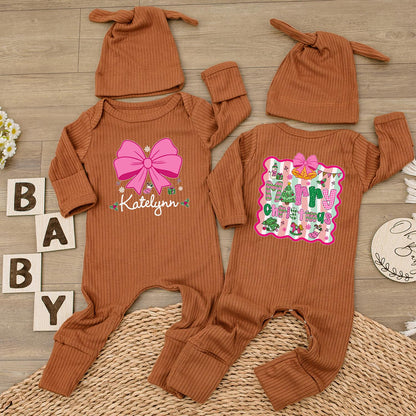Personalized Christmas Baby Girl Romper with Pink Bow & Hat, Custom Name Holiday Outfit Neutral Xmas Gift Cute Bodysuit, Festive First Christmas (138)