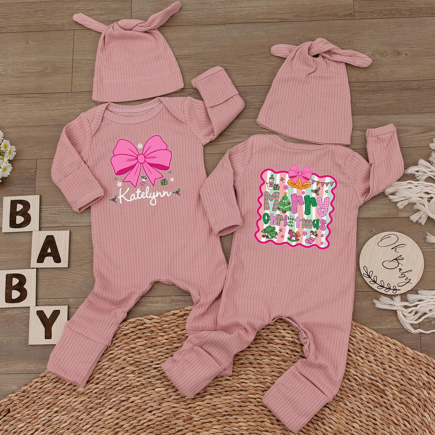 Personalized Christmas Baby Girl Romper with Pink Bow & Hat, Custom Name Holiday Outfit Neutral Xmas Gift Cute Bodysuit, Festive First Christmas (138)