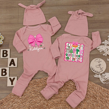 Personalized Christmas Baby Girl Romper with Pink Bow & Hat, Custom Name Holiday Outfit Neutral Xmas Gift Cute Bodysuit, Festive First Christmas (138)