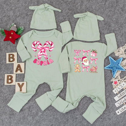 Personalized Christmas Baby Girl Bodysuit with Candy Cane Santa Pink Romper & Hat Custom Name Holiday Festive Infant Outfit Gift
