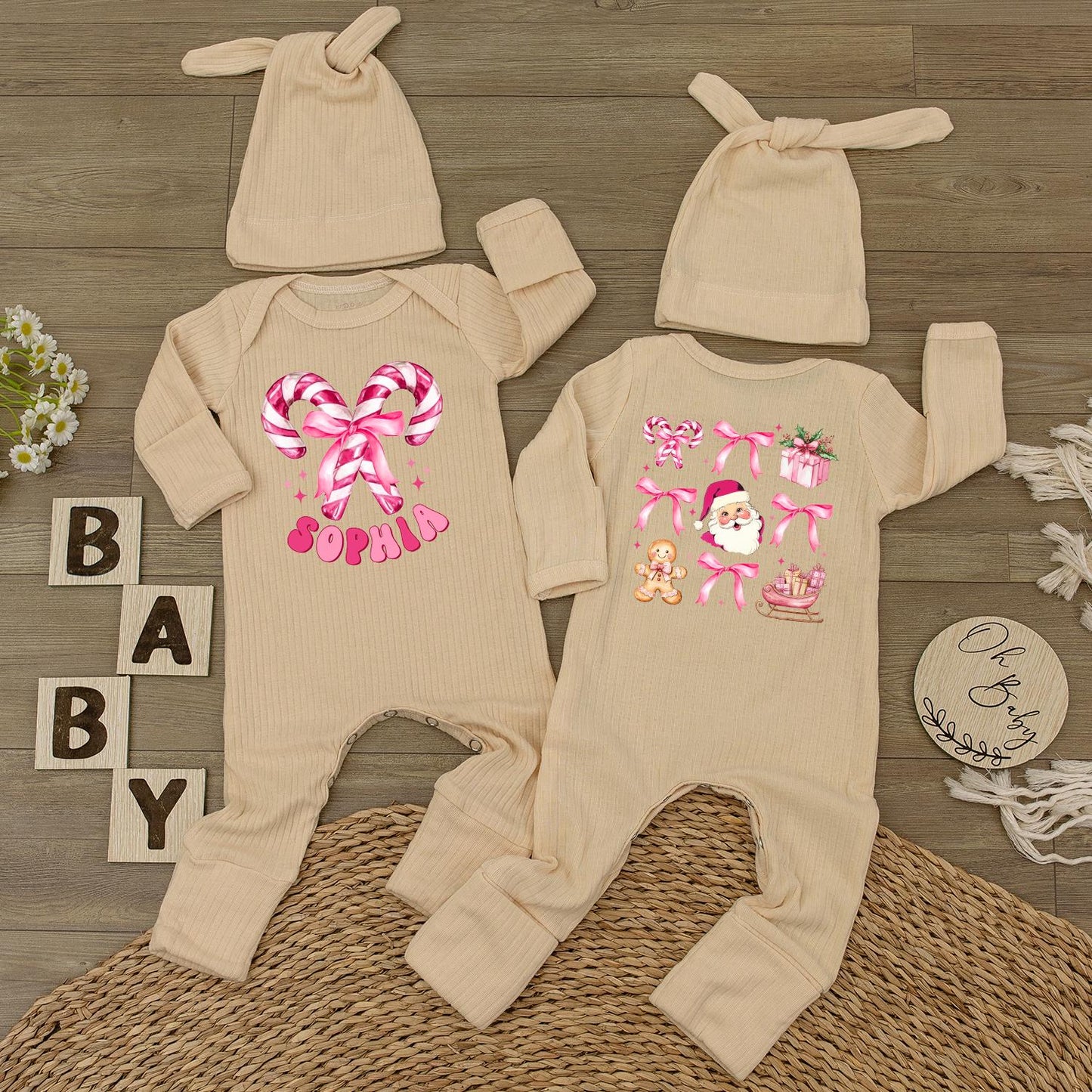 Personalized Christmas Baby Girl Bodysuit with Candy Cane Santa Pink Romper & Hat Custom Name Holiday Festive Infant Outfit Gift