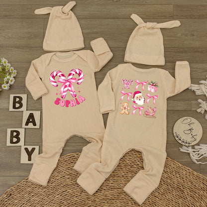 Personalized Christmas Baby Girl Bodysuit with Candy Cane Santa Pink Romper & Hat Custom Name Holiday Festive Infant Outfit Gift