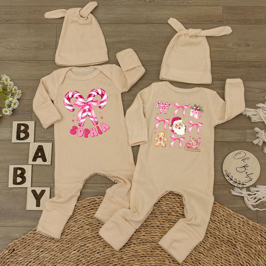 Personalized Christmas Baby Girl Bodysuit with Candy Cane Santa Pink Romper & Hat Custom Name Holiday Festive Infant Outfit Gift