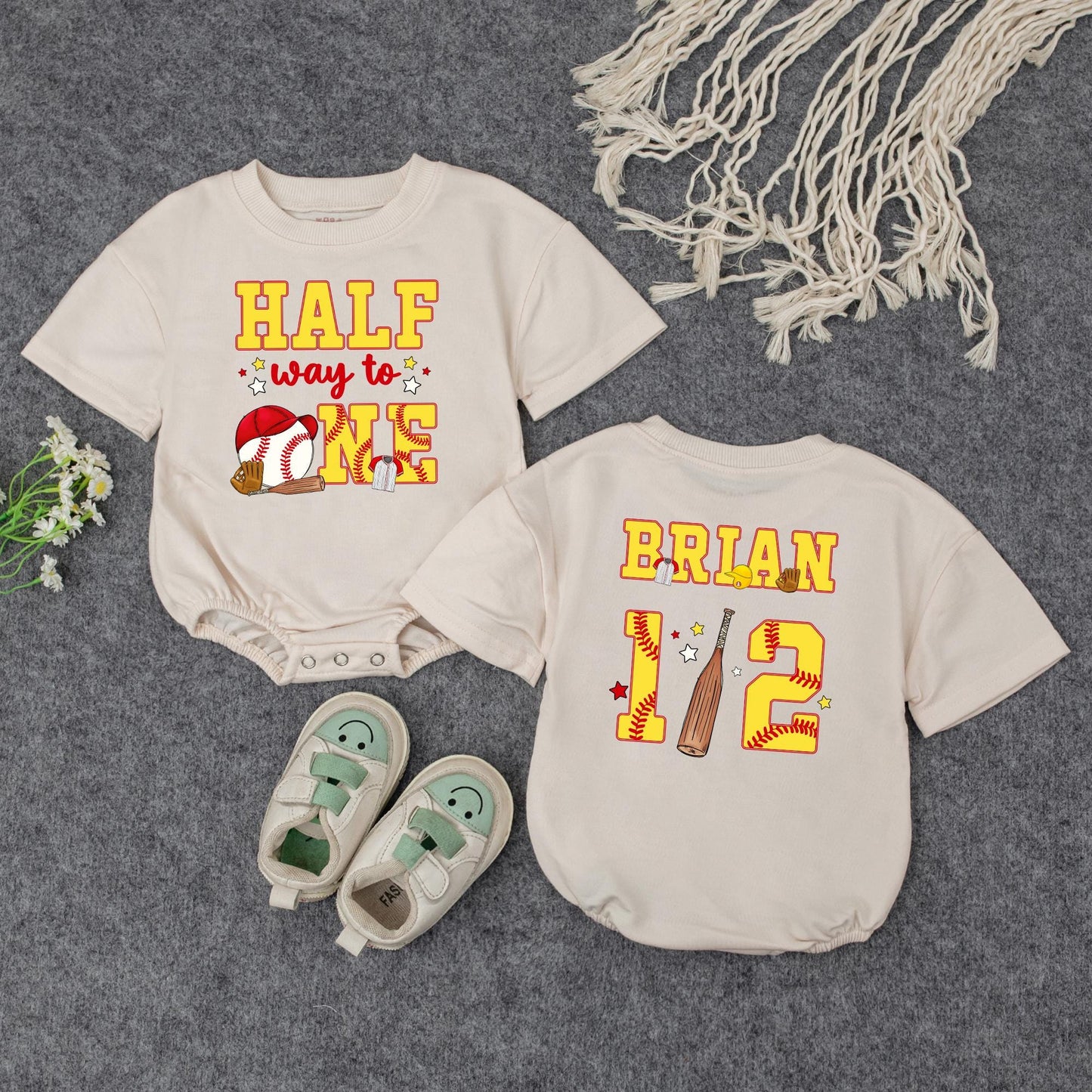 Custom Baseball Half Birthday Baby Boy Romper Yellow Red 'Half Way to One' 6 Month Milestone Outfit with Glove Bat & Stitching