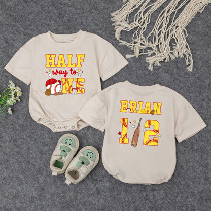 Custom Baseball Half Birthday Baby Boy Romper Yellow Red 'Half Way to One' 6 Month Milestone Outfit with Glove Bat & Stitching
