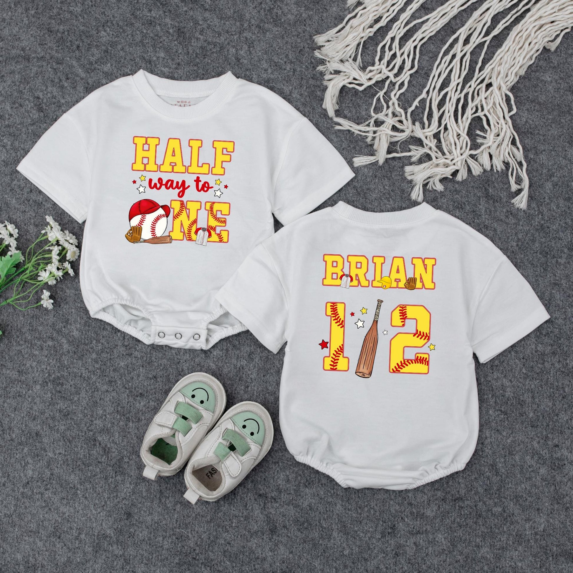 Custom Baseball Half Birthday Baby Boy Romper Yellow Red 'Half Way to One' 6 Month Milestone Outfit with Glove Bat & Stitching