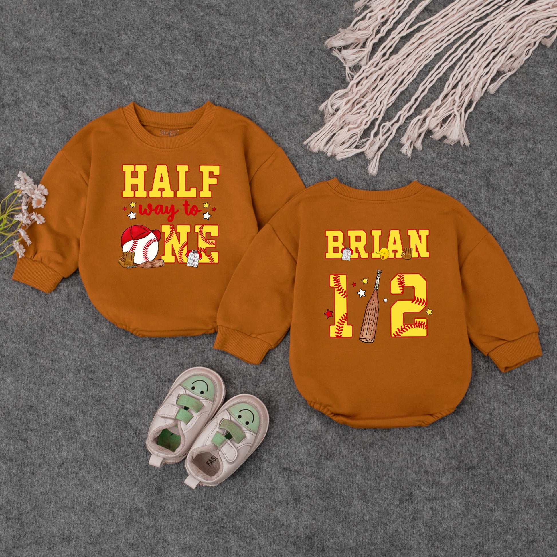 Custom Baseball Half Birthday Baby Boy Romper Yellow Red 'Half Way to One' 6 Month Milestone Outfit with Glove Bat & Stitching