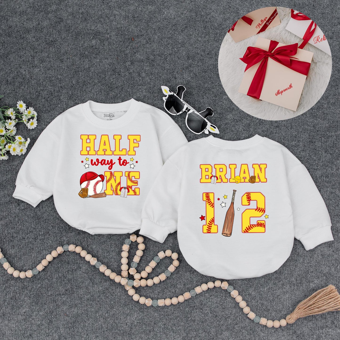 Custom Baseball Half Birthday Baby Boy Romper Yellow Red 'Half Way to One' 6 Month Milestone Outfit with Glove Bat & Stitching