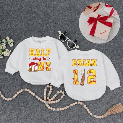 Custom Baseball Half Birthday Baby Boy Romper Yellow Red 'Half Way to One' 6 Month Milestone Outfit with Glove Bat & Stitching