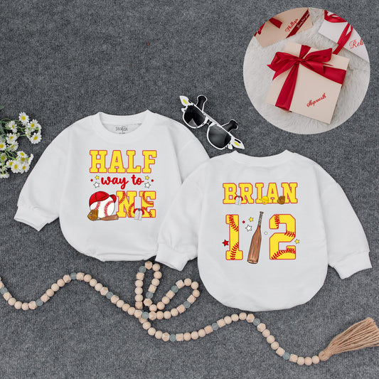 Custom Baseball Half Birthday Baby Boy Romper Yellow Red 'Half Way to One' 6 Month Milestone Outfit with Glove Bat & Stitching