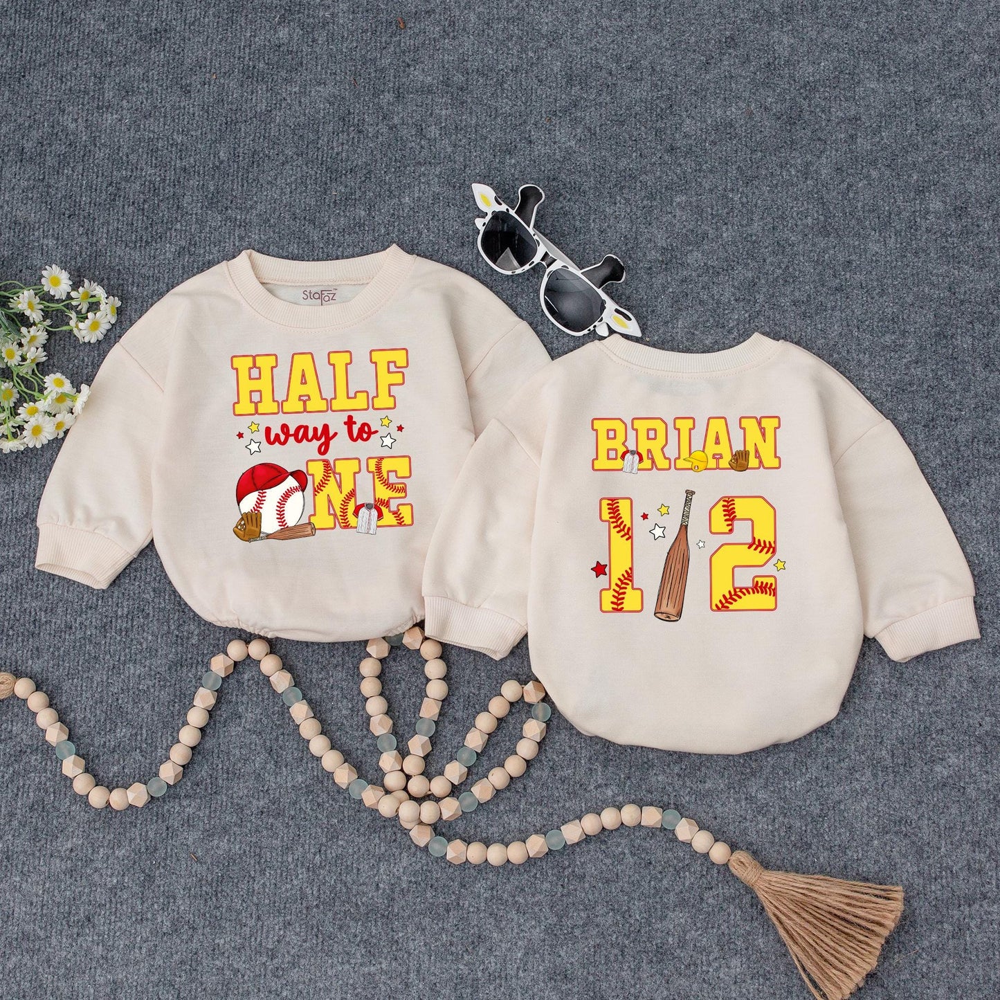 Custom Baseball Half Birthday Baby Boy Romper Yellow Red 'Half Way to One' 6 Month Milestone Outfit with Glove Bat & Stitching