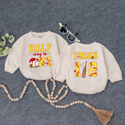Custom Baseball Half Birthday Baby Boy Romper Yellow Red 'Half Way to One' 6 Month Milestone Outfit with Glove Bat & Stitching