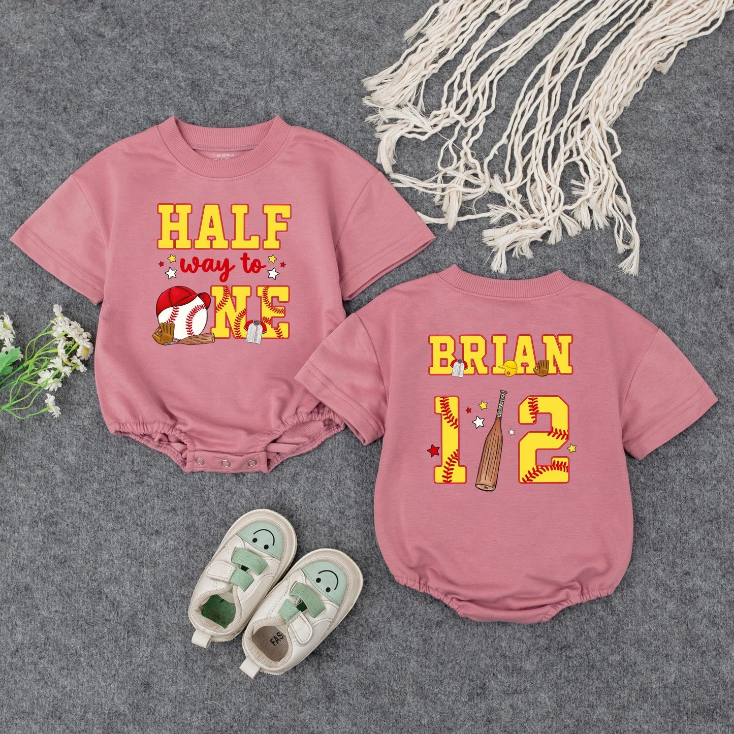 Custom Baseball Half Birthday Baby Boy Romper Yellow Red 'Half Way to One' 6 Month Milestone Outfit with Glove Bat & Stitching