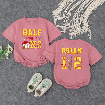 Custom Baseball Half Birthday Baby Boy Romper Yellow Red 'Half Way to One' 6 Month Milestone Outfit with Glove Bat & Stitching
