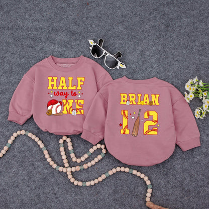 Custom Baseball Half Birthday Baby Boy Romper Yellow Red 'Half Way to One' 6 Month Milestone Outfit with Glove Bat & Stitching