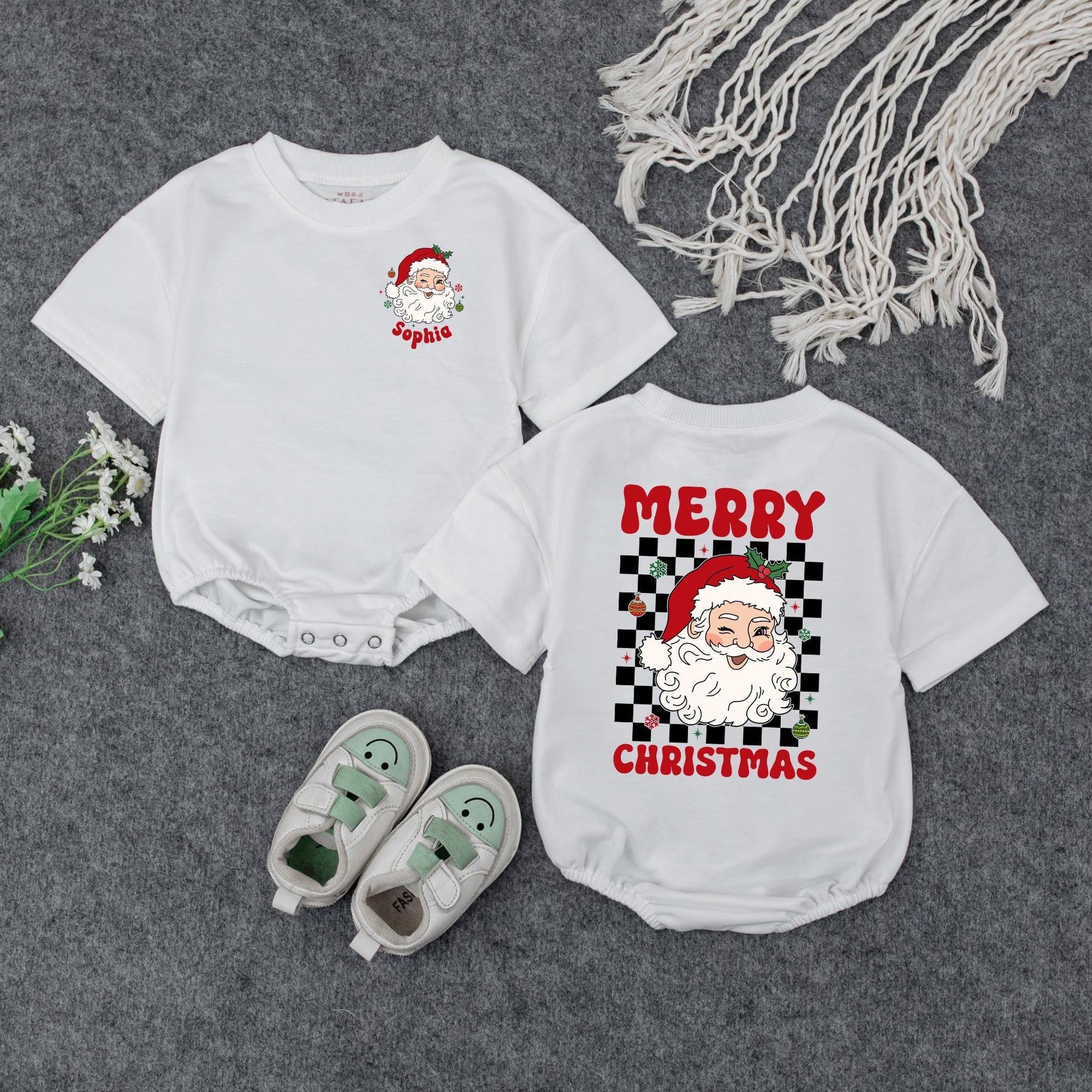 Personalized Christmas Baby Romper: Sophia's Santa Outfit with Checkerboard Detail, Custom Holiday Bodysuit, Cute Xmas Gift, Red, Green & White (140 chars)