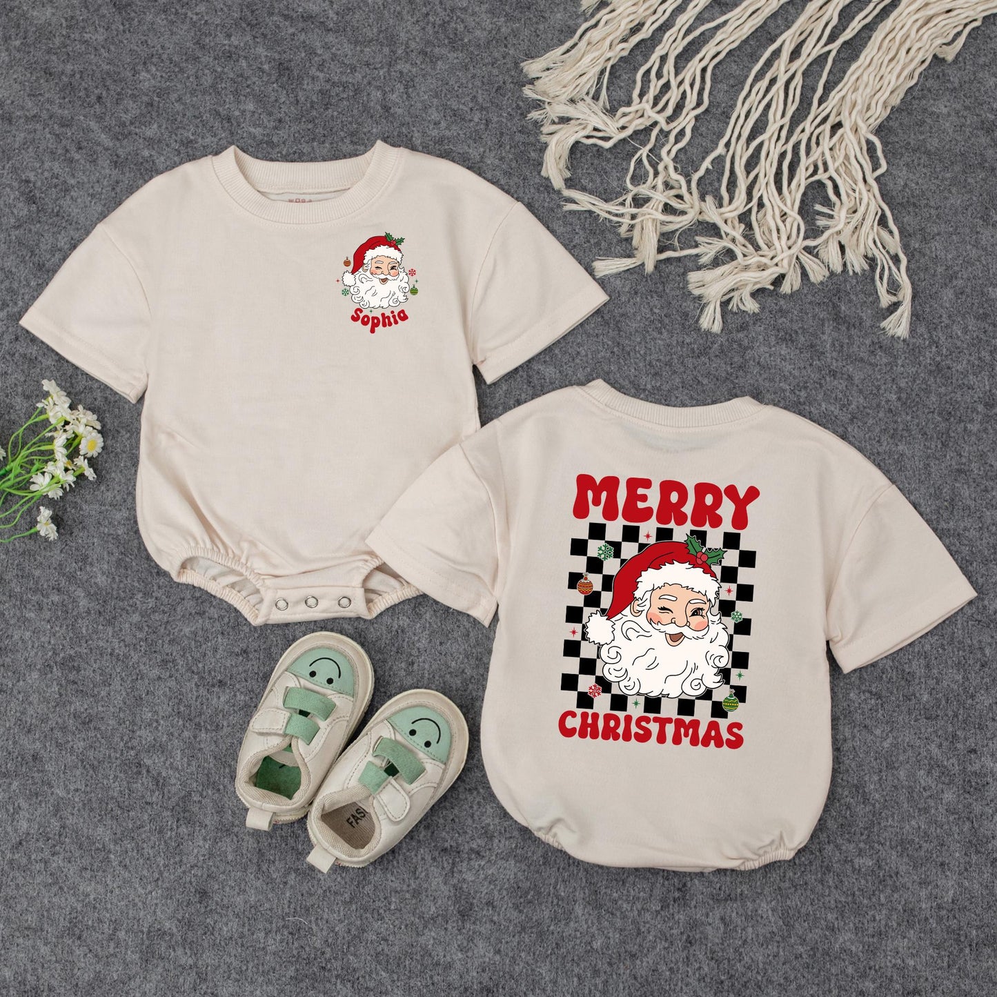 Personalized Christmas Baby Romper: Sophia's Santa Outfit with Checkerboard Detail, Custom Holiday Bodysuit, Cute Xmas Gift, Red, Green & White (140 chars)