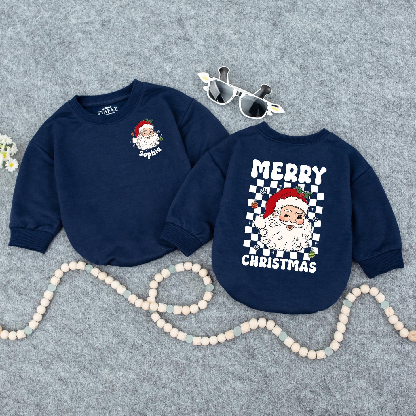 Personalized Christmas Baby Romper: Sophia's Santa Outfit with Checkerboard Detail, Custom Holiday Bodysuit, Cute Xmas Gift, Red, Green & White (140 chars)