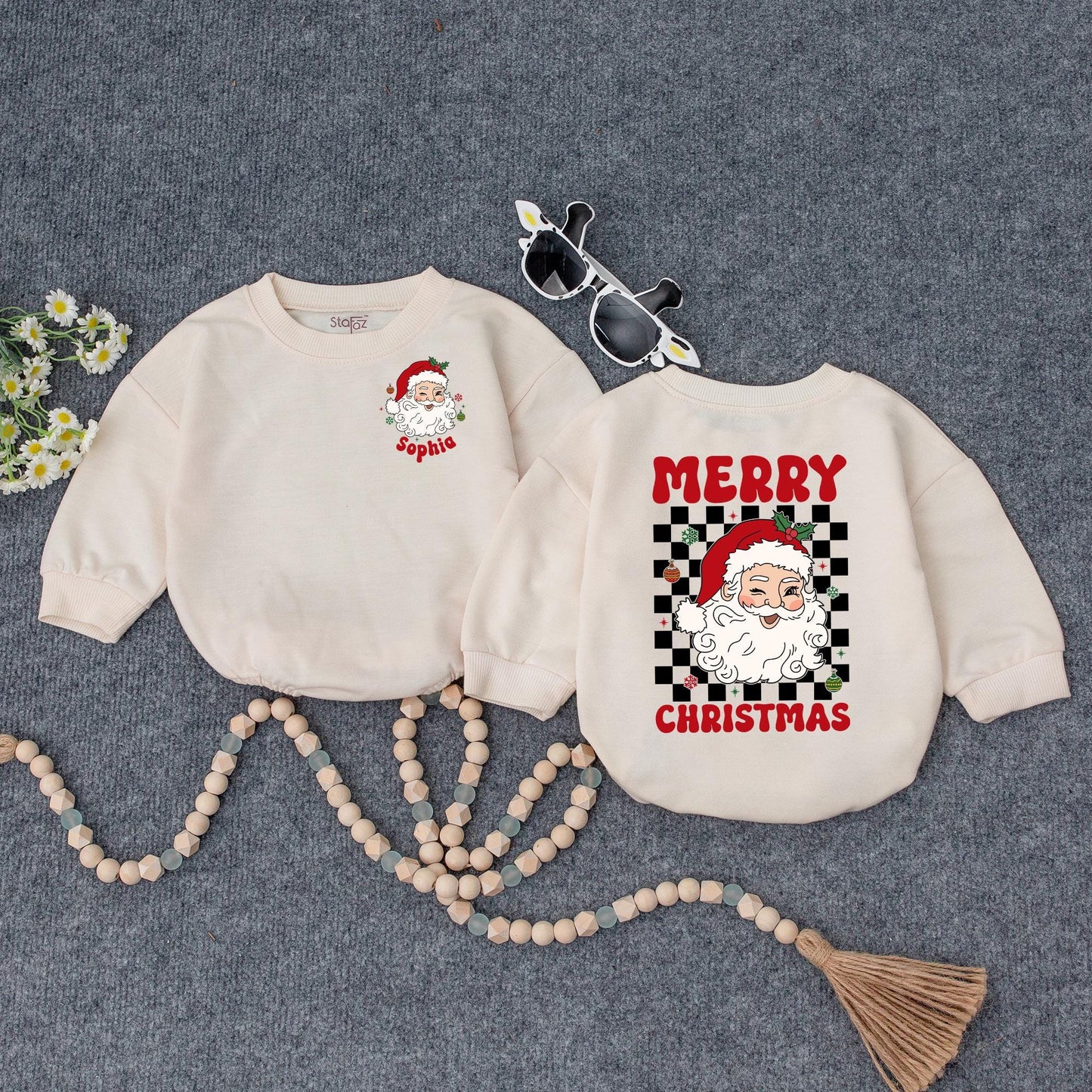 Personalized Christmas Baby Romper: Sophia's Santa Outfit with Checkerboard Detail, Custom Holiday Bodysuit, Cute Xmas Gift, Red, Green & White (140 chars)