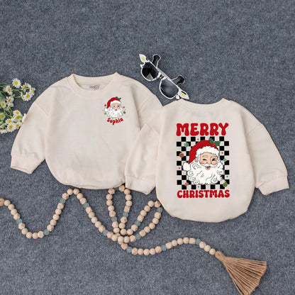 Personalized Christmas Baby Romper: Sophia's Santa Outfit with Checkerboard Detail, Custom Holiday Bodysuit, Cute Xmas Gift, Red, Green & White (140 chars)