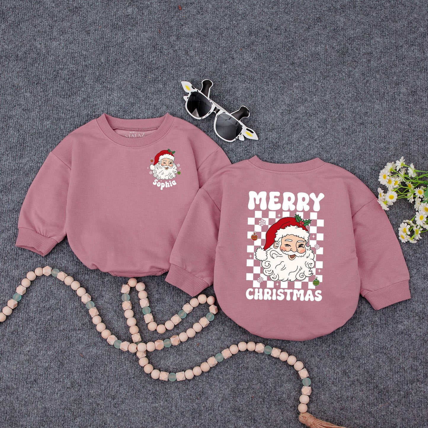 Personalized Christmas Baby Romper: Sophia's Santa Outfit with Checkerboard Detail, Custom Holiday Bodysuit, Cute Xmas Gift, Red, Green & White (140 chars)