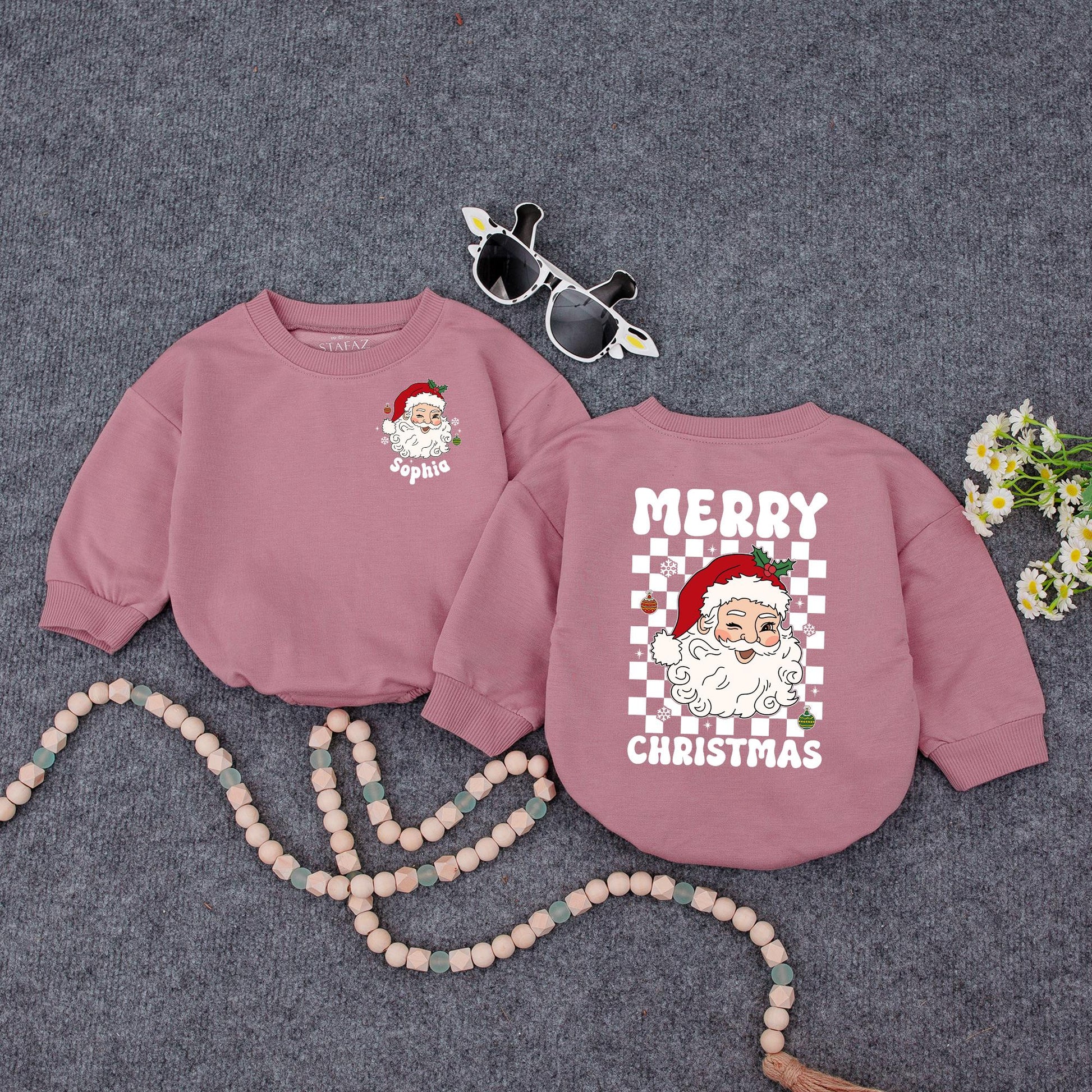 Personalized Christmas Baby Romper: Sophia's Santa Outfit with Checkerboard Detail, Custom Holiday Bodysuit, Cute Xmas Gift, Red, Green & White (140 chars)