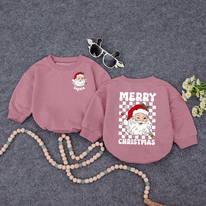 Personalized Christmas Baby Romper: Sophia's Santa Outfit with Checkerboard Detail, Custom Holiday Bodysuit, Cute Xmas Gift, Red, Green & White (140 chars)