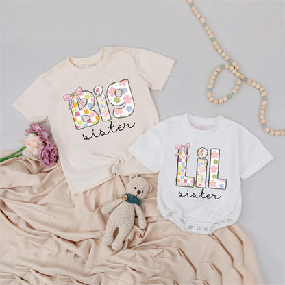 Custom Big Lil Sister Shirts Retro Floral Patchwork Matching Sibling Outfit Pastel Vintage Playful Baby Girl Announcement Gift Soft Cotton