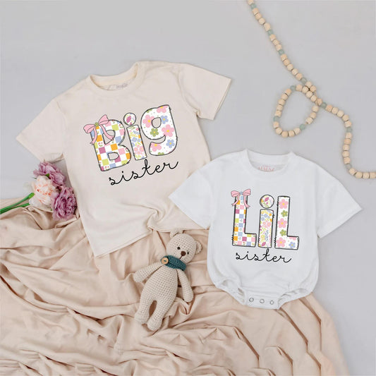 Custom Big Lil Sister Shirts Retro Floral Patchwork Matching Sibling Outfit Pastel Vintage Playful Baby Girl Announcement Gift Soft Cotton