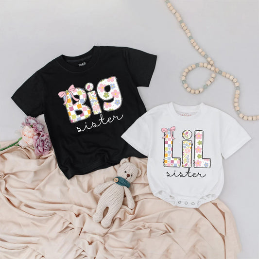 Custom Big Lil Sister Shirts Retro Floral Patchwork Matching Sibling Outfit Pastel Vintage Playful Baby Girl Announcement Gift Soft Cotton