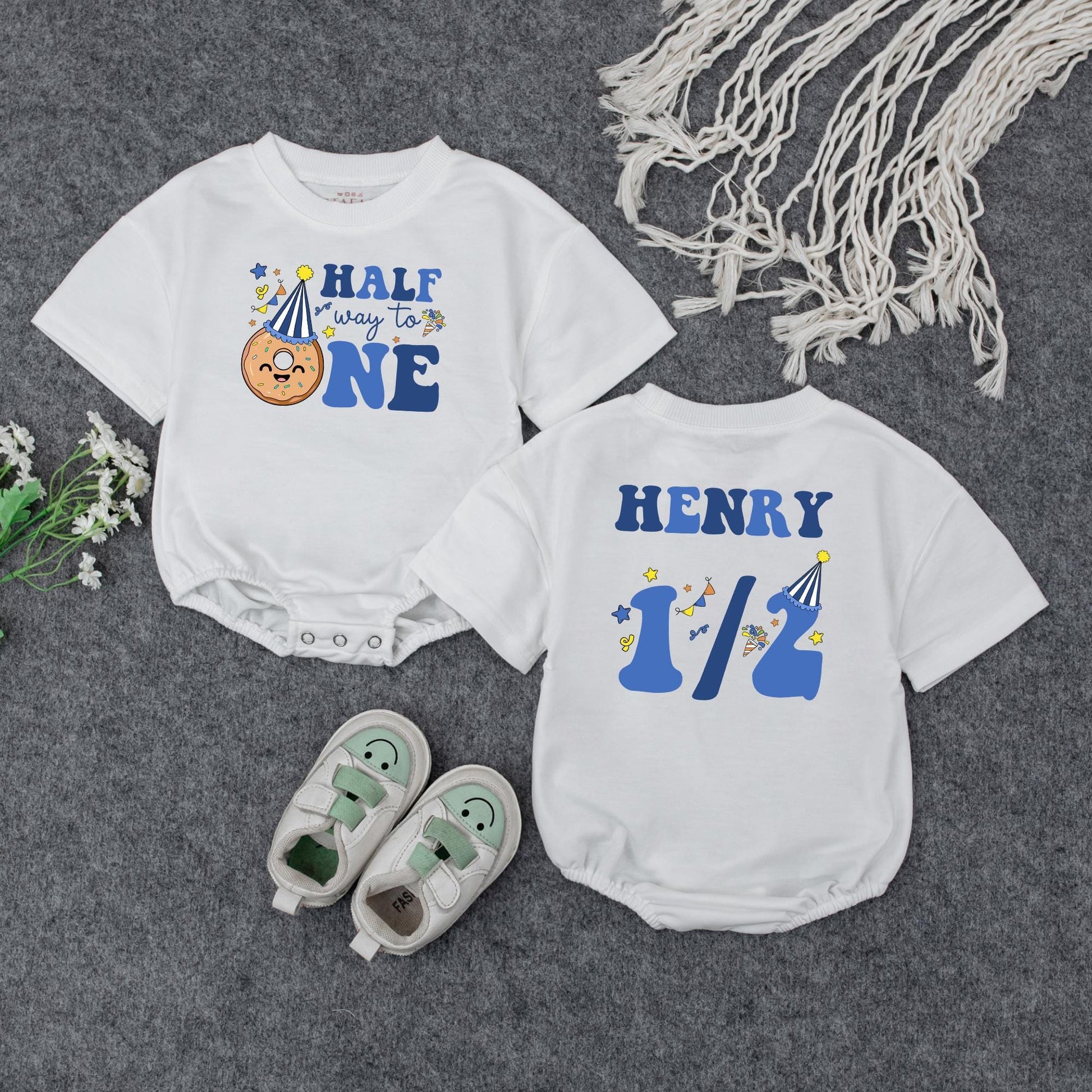 Custom Name Baby Boy Half Birthday Romper with Royal Blue Halfway to One Design Doughnut Party Hat 6 Month Celebration Outfit