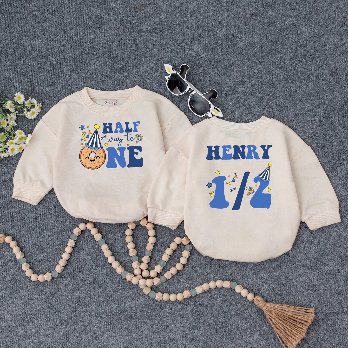 Custom Name Baby Boy Half Birthday Romper with Royal Blue Halfway to One Design Doughnut Party Hat 6 Month Celebration Outfit