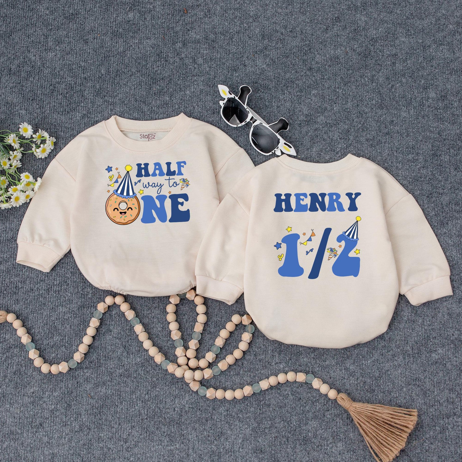 Custom Name Baby Boy Half Birthday Romper with Royal Blue Halfway to One Design Doughnut Party Hat 6 Month Celebration Outfit