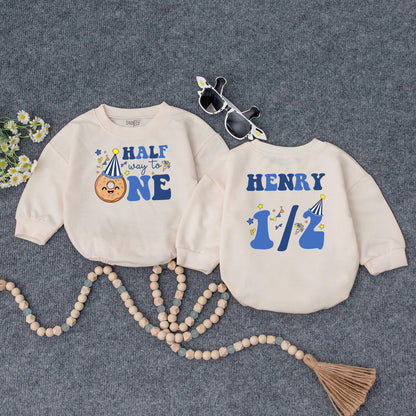 Custom Name Baby Boy Half Birthday Romper with Royal Blue Halfway to One Design Doughnut Party Hat 6 Month Celebration Outfit