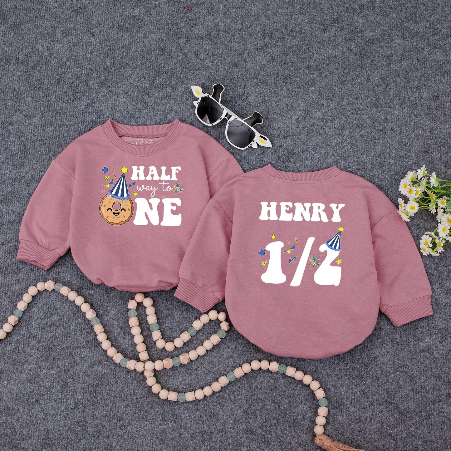 Custom Name Baby Boy Half Birthday Romper with Royal Blue Halfway to One Design Doughnut Party Hat 6 Month Celebration Outfit