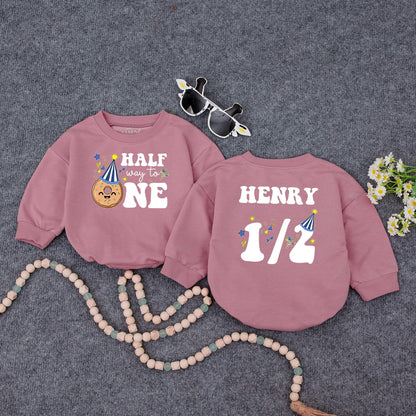 Custom Name Baby Boy Half Birthday Romper with Royal Blue Halfway to One Design Doughnut Party Hat 6 Month Celebration Outfit