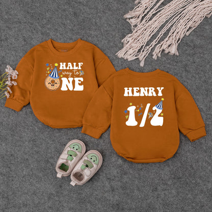 Custom Name Baby Boy Half Birthday Romper with Royal Blue Halfway to One Design Doughnut Party Hat 6 Month Celebration Outfit