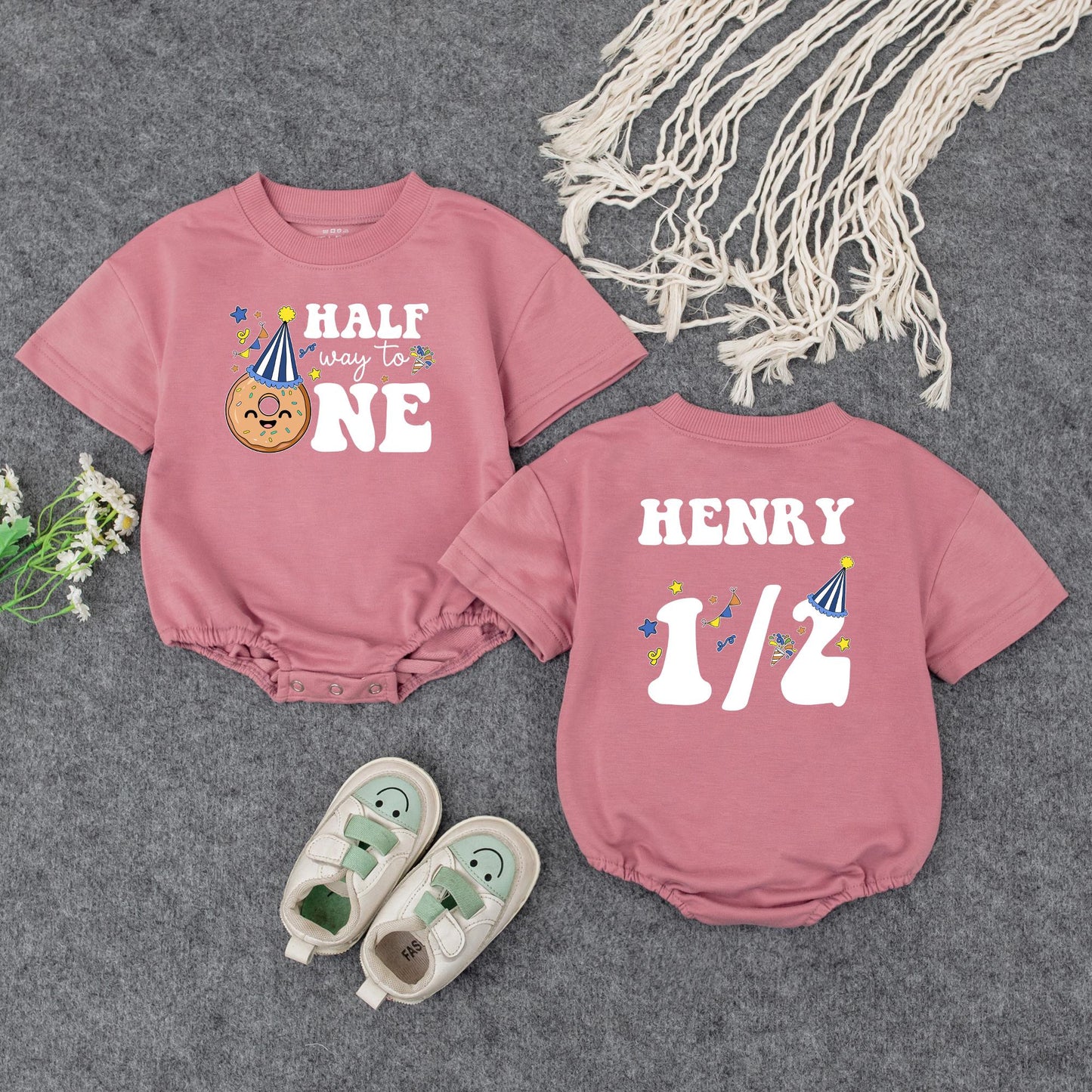 Custom Name Baby Boy Half Birthday Romper with Royal Blue Halfway to One Design Doughnut Party Hat 6 Month Celebration Outfit