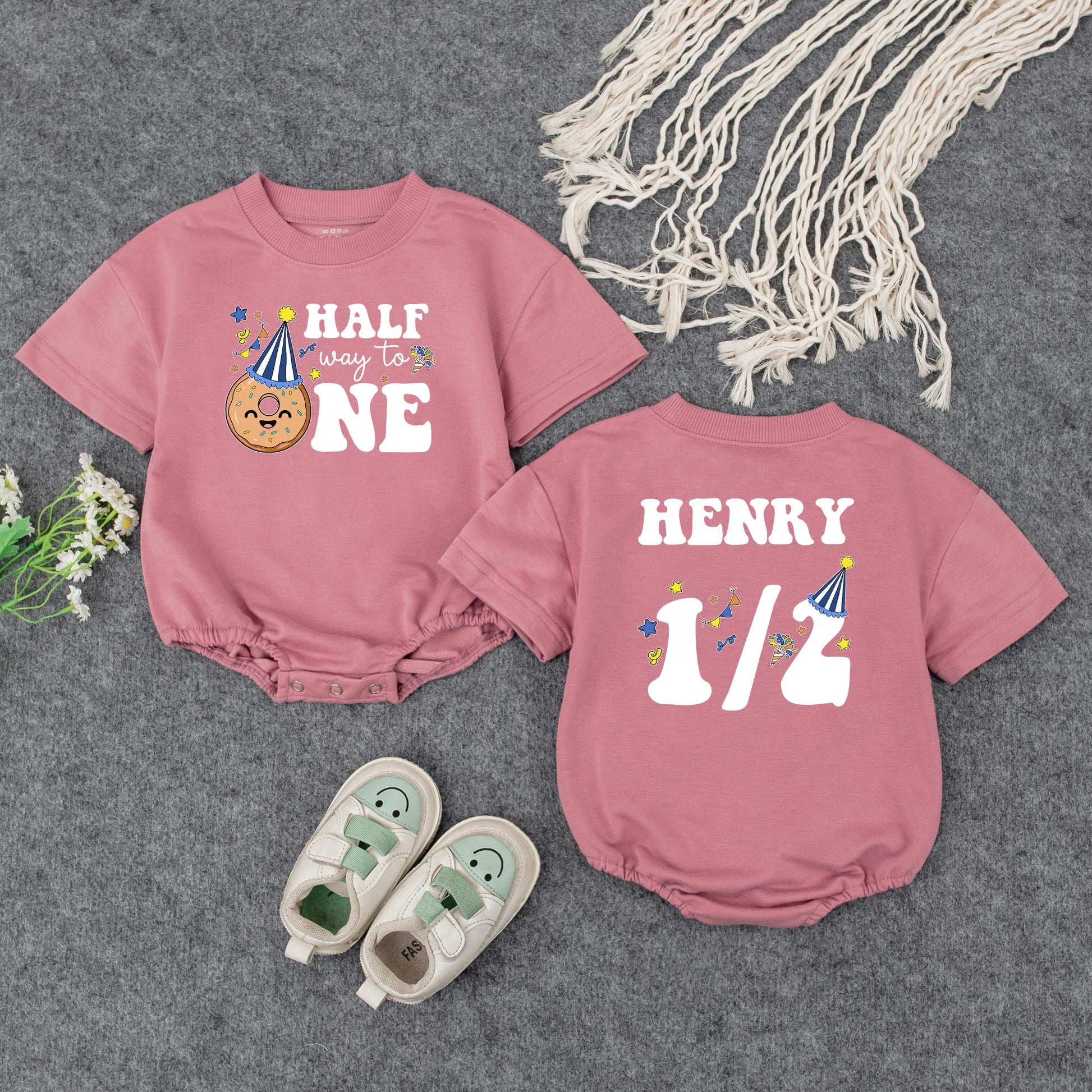 Custom Name Baby Boy Half Birthday Romper with Royal Blue Halfway to One Design Doughnut Party Hat 6 Month Celebration Outfit