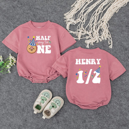 Custom Name Baby Boy Half Birthday Romper with Royal Blue Halfway to One Design Doughnut Party Hat 6 Month Celebration Outfit