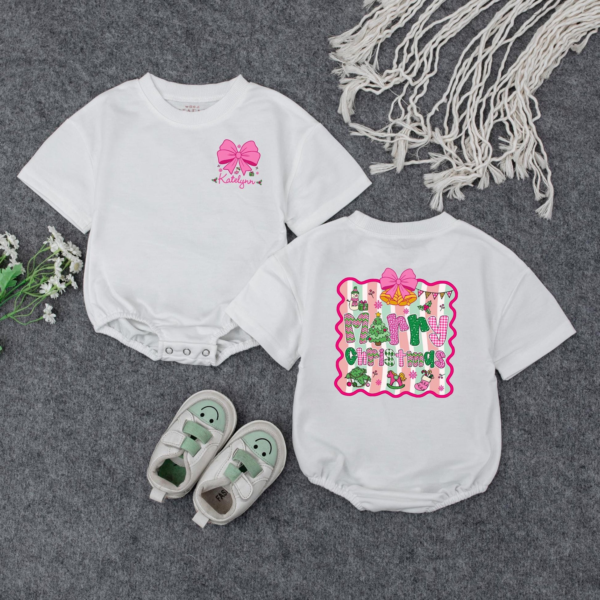 Personalized Merry Christmas Baby Girl Romper, Custom Name Pink Bow Outfit, Festive Holiday Xmas Romper, Adorable Winter Gift Idea (138 chars)