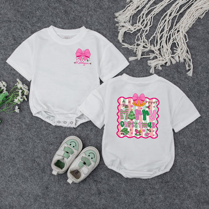 Personalized Merry Christmas Baby Girl Romper, Custom Name Pink Bow Outfit, Festive Holiday Xmas Romper, Adorable Winter Gift Idea (138 chars)