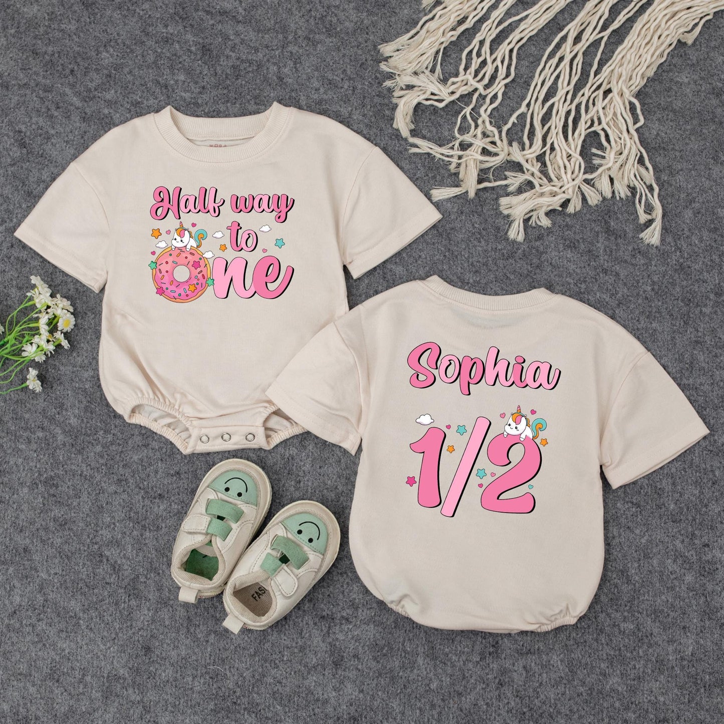 Half Way to One Unicorn Romper for Baby Girl 6 Month Birthday Outfit Personalized Pink Unicorn Half Birthday Bodysuit Adorable Unicorn Cake Baby Shower Gift Idea