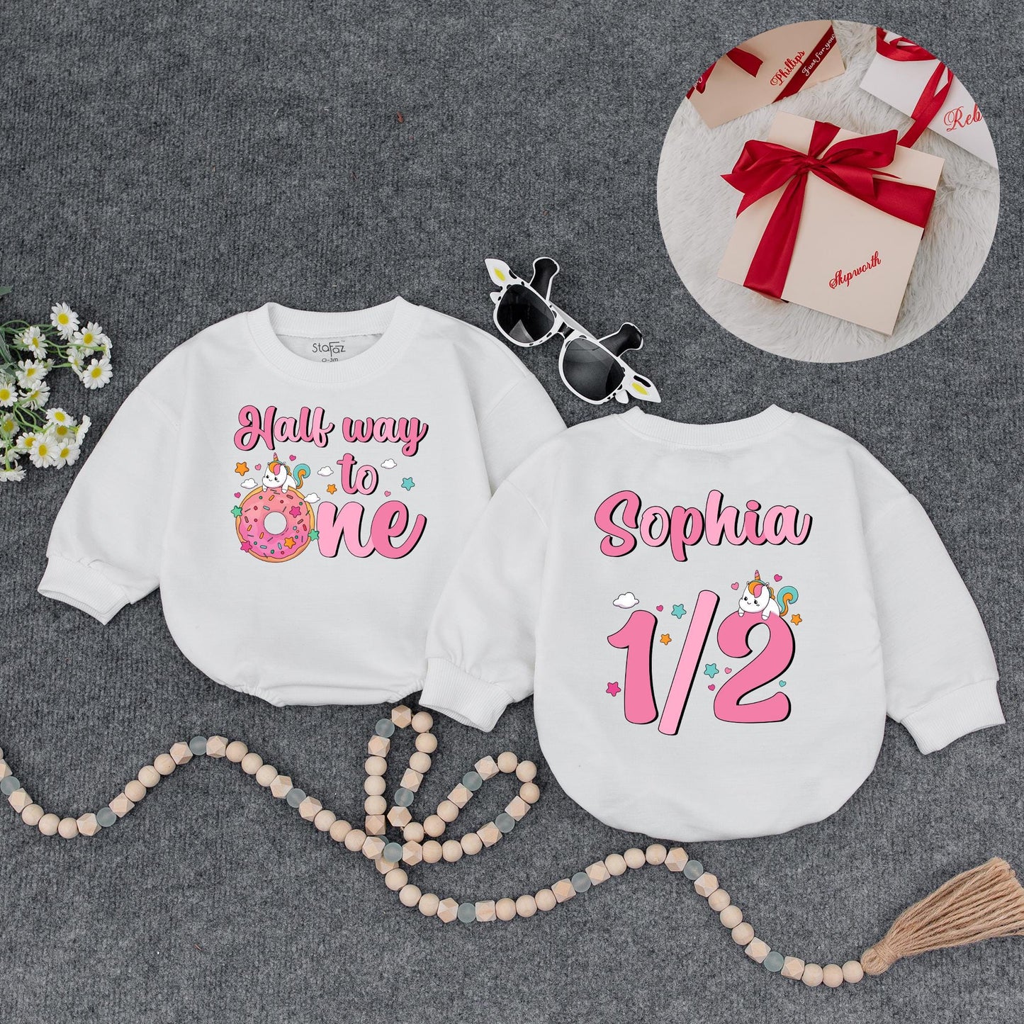 Half Way to One Unicorn Romper for Baby Girl 6 Month Birthday Outfit Personalized Pink Unicorn Half Birthday Bodysuit Adorable Unicorn Cake Baby Shower Gift Idea