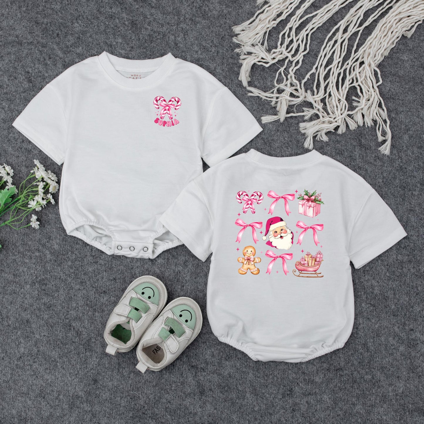 Pink Christmas Baby Romper Girl | Cute Santa Candy Cane Holiday Outfit | Personalized Xmas Bodysuit Gift Set Soft Cotton Festive Winter Clothes 138