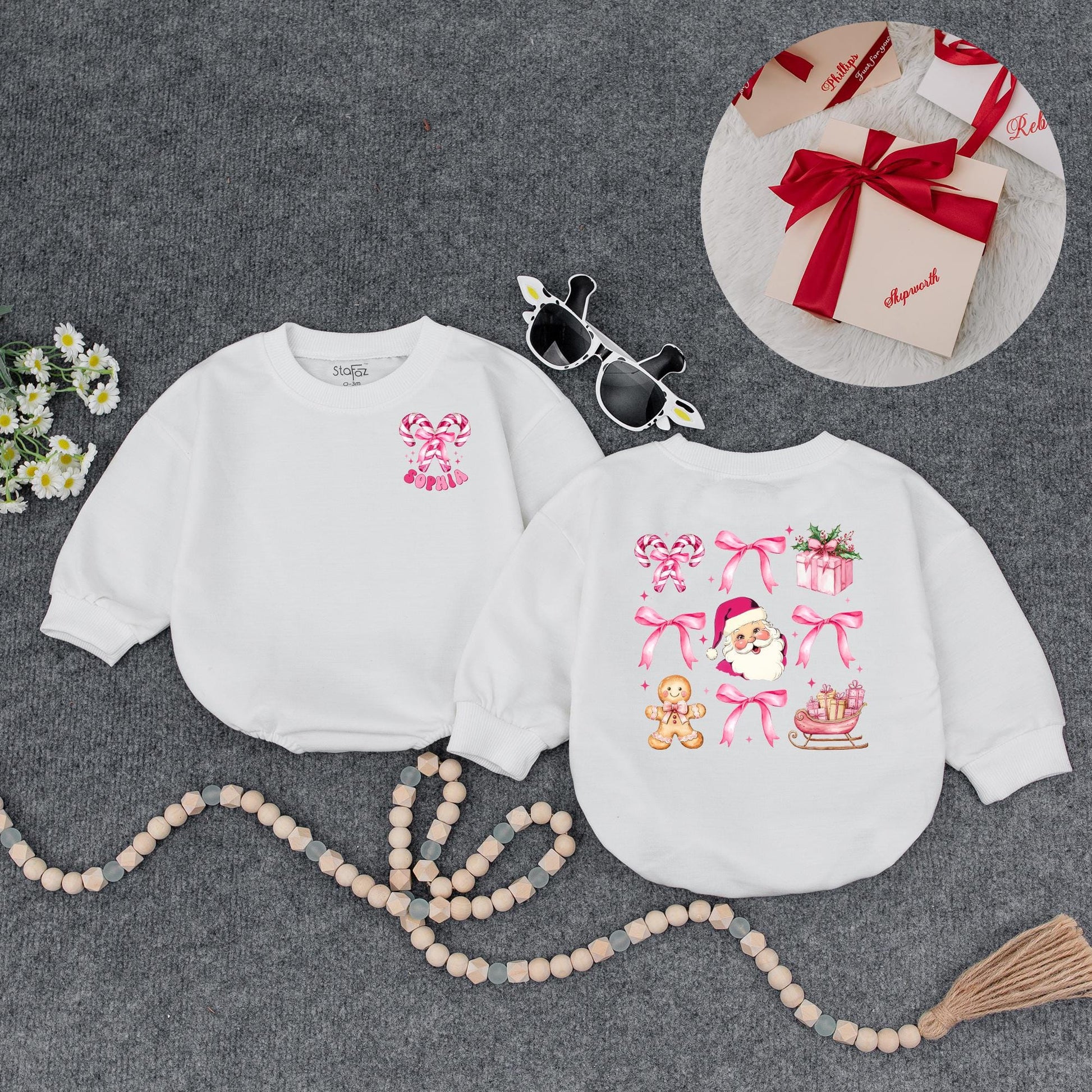 Pink Christmas Baby Romper Girl | Cute Santa Candy Cane Holiday Outfit | Personalized Xmas Bodysuit Gift Set Soft Cotton Festive Winter Clothes 138