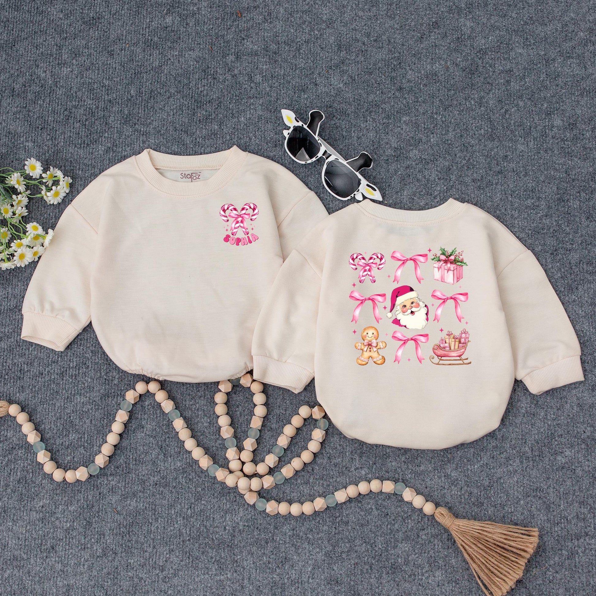 Pink Christmas Baby Romper Girl | Cute Santa Candy Cane Holiday Outfit | Personalized Xmas Bodysuit Gift Set Soft Cotton Festive Winter Clothes 138