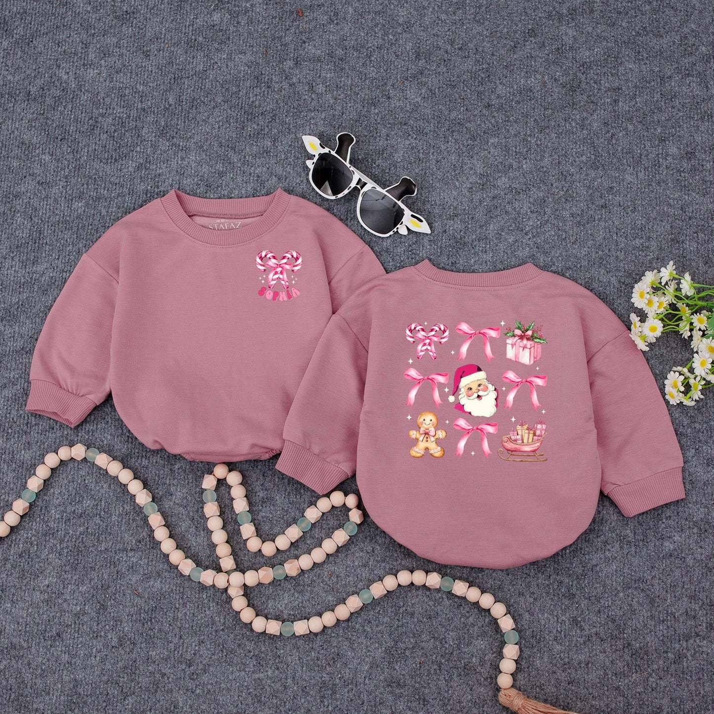 Pink Christmas Baby Romper Girl | Cute Santa Candy Cane Holiday Outfit | Personalized Xmas Bodysuit Gift Set Soft Cotton Festive Winter Clothes 138